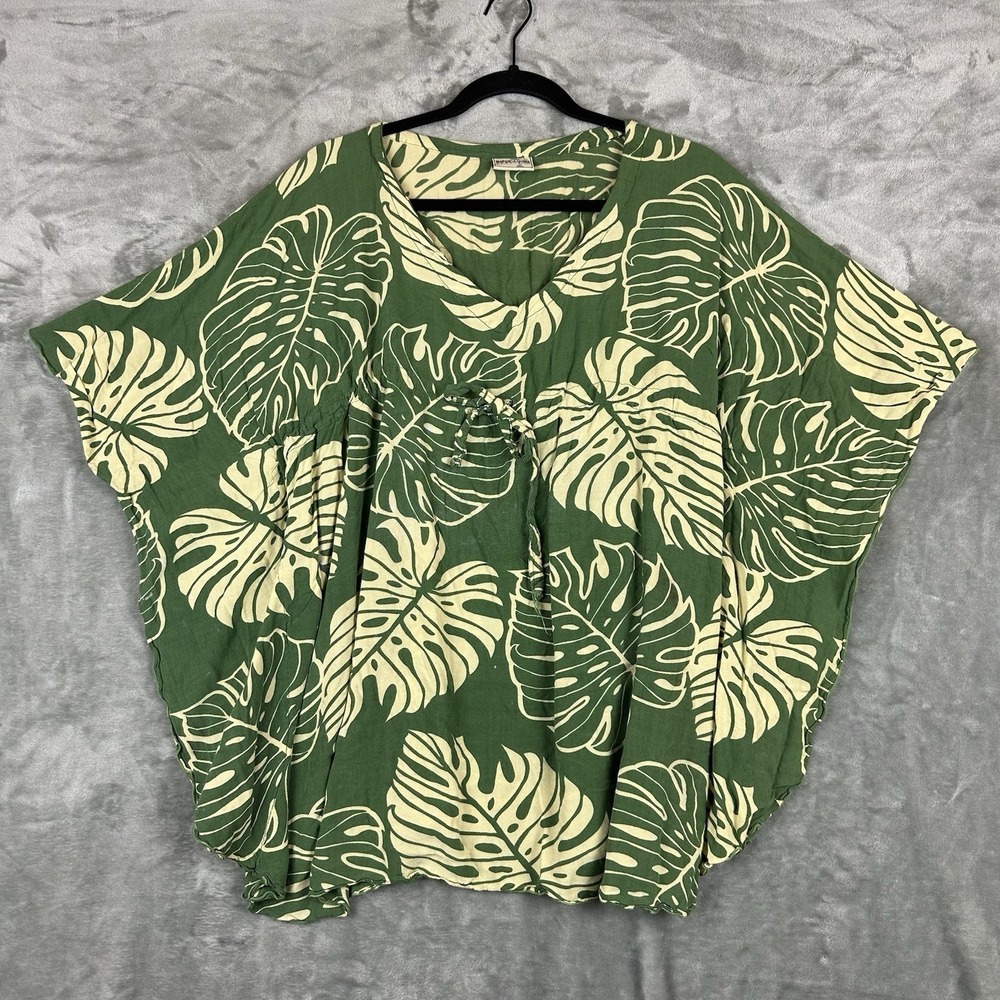 NaPua Collection Women's OS Green Tropical Leaf Hawaiian Cover-Up Tunic Top